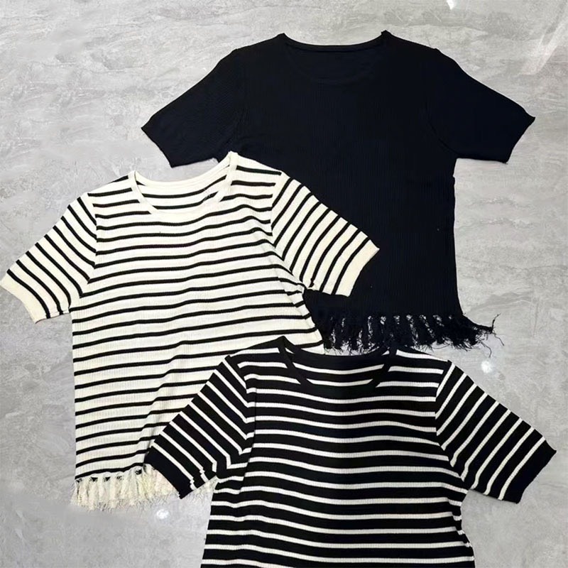 (HÀNG SẮN) Áo dệt len Hàn tua rua cách điệu, Áo thun cổ tròn tay ngắn cho nữ, chất liệu co giãn tốt, form đẹp chuẩn