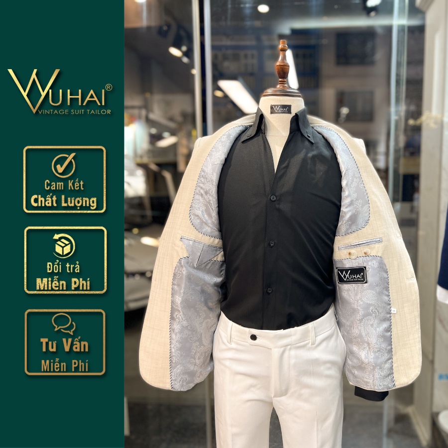 Áo Khoác Vest Màu Kem Nhạt, Chất Liệu Xatin Xước 2 Cúc, Túi Ốp Trẻ Trung-VuHai