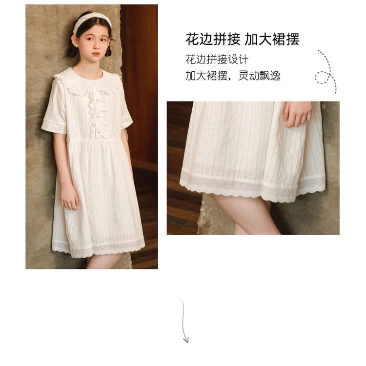 Váy đầm thô trắng bé gái size 120-165 cm cổ sen có tay chất thô mềm mịn dành cho bé từ 23-45 kg mặc vừa