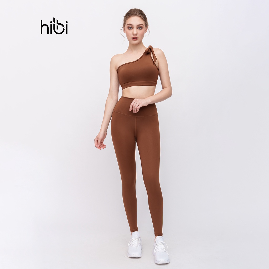 Set Đồ Tập Yoga Gym Luxury Hibi Sports H154 Áo Lệch Vai Dây Nơ, Màu Xanh và Nâu, Kèm Mút Ngực, Chất Vải Lu Fabric