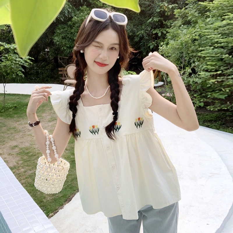 Áo sơ mi nữ tay ngắn cánh tiên ngực thêu hoa, sơ mi nữ kiểu thiết kế điệu đà form rộng hàn quốc 8346