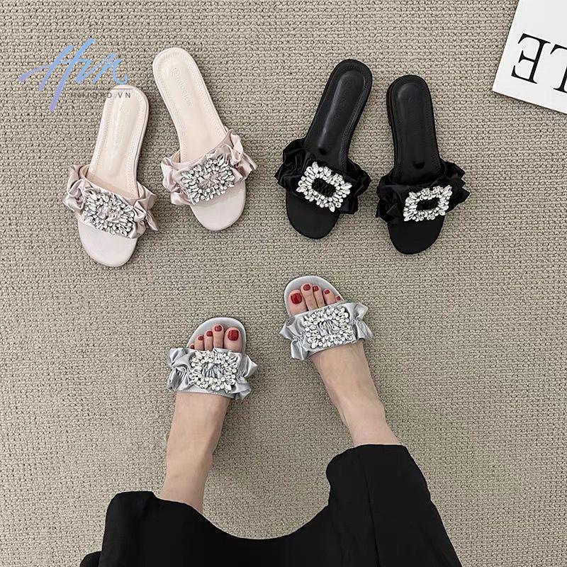 Dép Quai Ngang Vải Satin Cao Cấp Đính Đá Sang Trọng Thời Trang Mùa Hè 2022