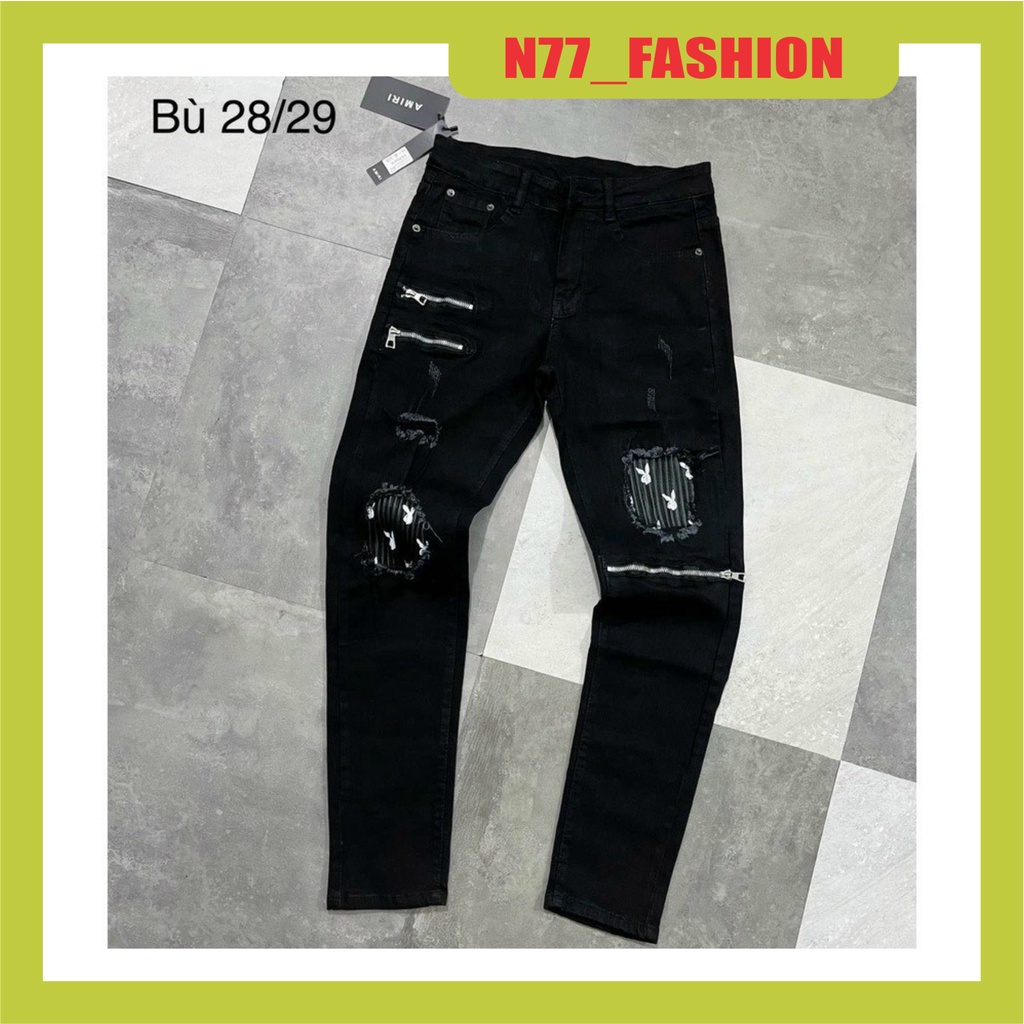 Quần jean nam khóa gối cao cấp thêu logo vá tai thỏ hàng Quảng Châu mới nhất_shop tự chụp