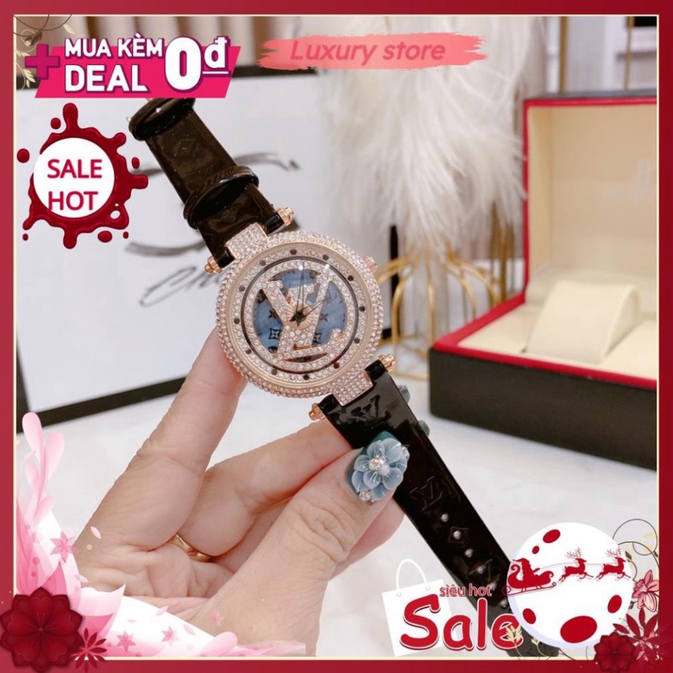 Đồng hồ nữ LV mặt xoay, đính đá, dây da có hoa văn size 34mm, bảo hành 12 tháng