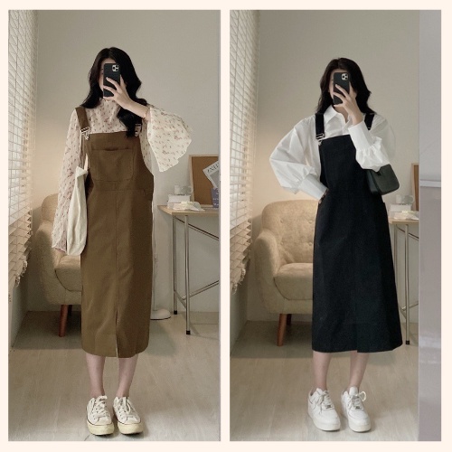 Set Váy Yếm Nữ Dài MILASU.Store, Váy Yếm Kaki Suông Dài Biggsize Sang Chảnh  495