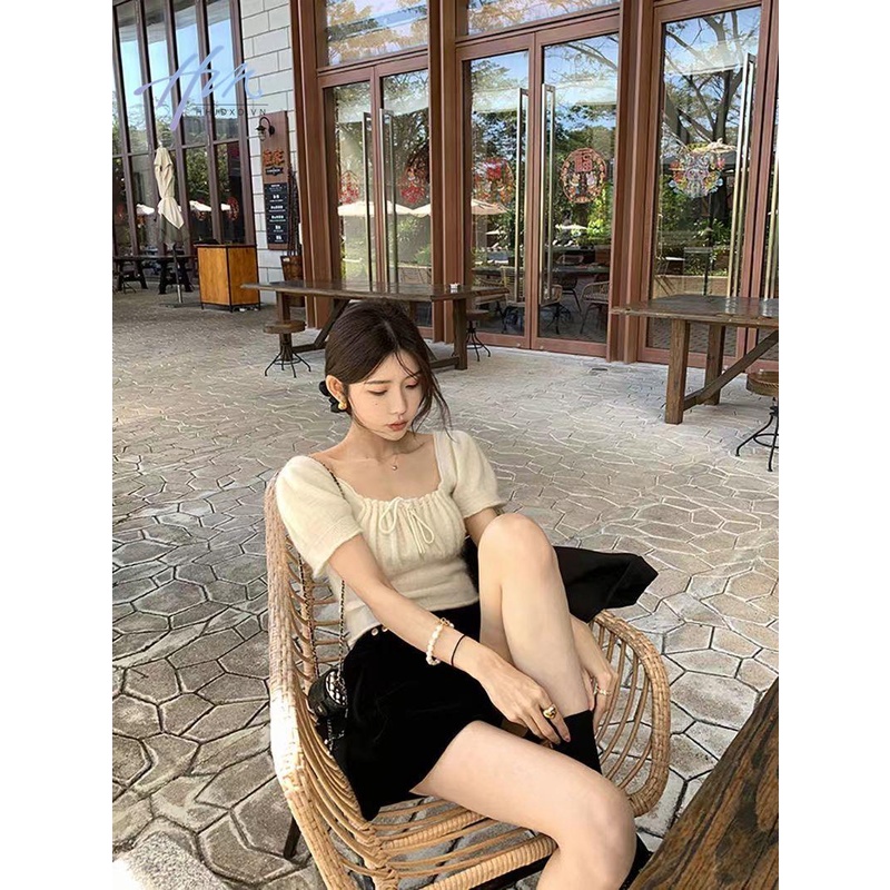 Áo Thun Dệt Kim Ngắn Tay Dáng Ôm Thiết Kế Rút Dây Xếp Ly Kiểu Pháp Thời Trang Cho