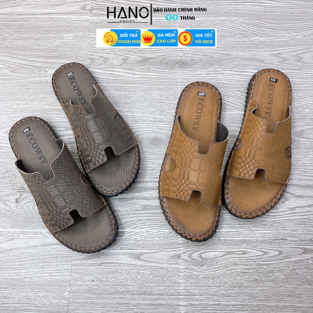 Dép da nam Chữ H Bản to Phối ô Viền chỉ da bò thật Đế êm Khâu xịn