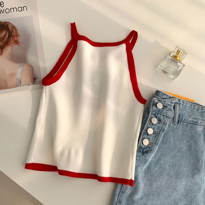 Áo Tank Top Hai Dây Dệt Kim Ôm Dáng Thêu Hình Gấu Thời Trang Hàn Quốc Cho Nữ