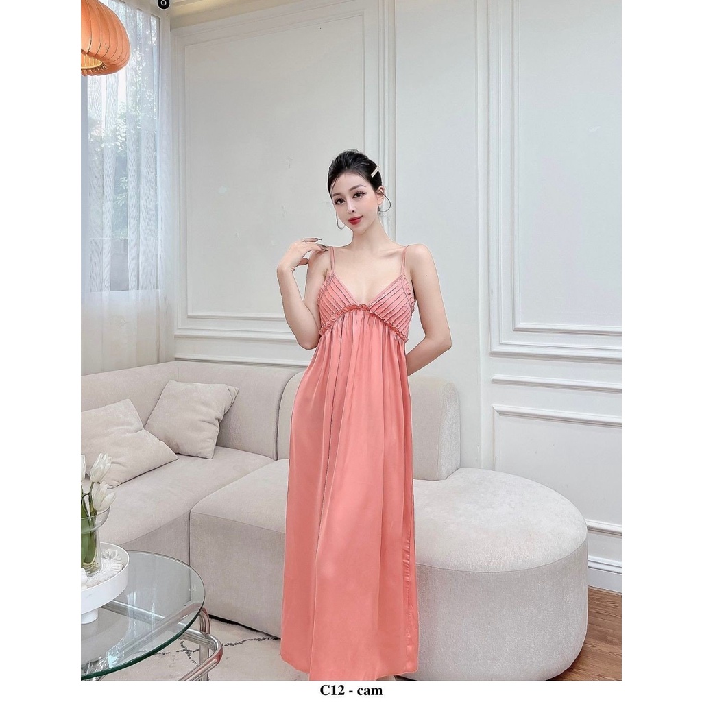 Đầm ngủ váy ngủ sexy C12 hàng hiệu CC HOMEWEAR dáng dài chất lụa maxi xếp li ngực