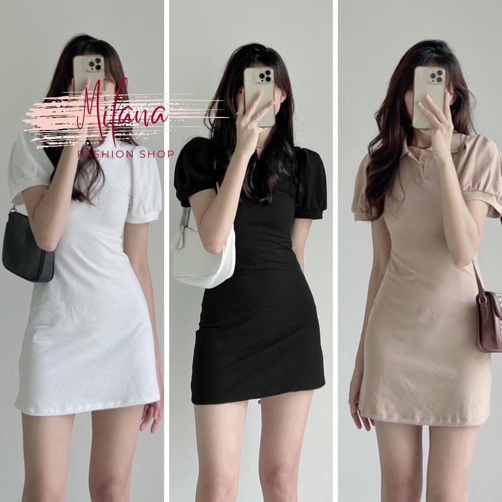 Đầm polo , váy polo nữ ôm body cổ sơ mi dáng xòe màu đen màu trắng chất thun gân gợi cảm phong cách ulzzang Milana
