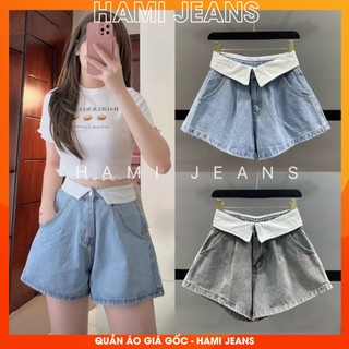 Quần short jean nữ ống xòe cạp trắng quần đùi bò ống rộng