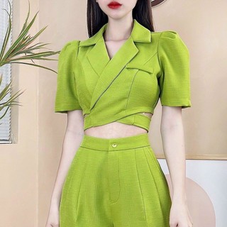 Set đồ nữ áo croptop áo kiểu vest chất cotton lạnh kèm quần dài ống suông cực sang trọng