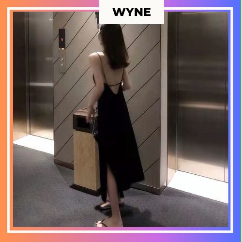 Váy hai dây đen Wyne có dây đan chéo sau lưng, Váy hở lưng dáng dài phong cách quyến rũ