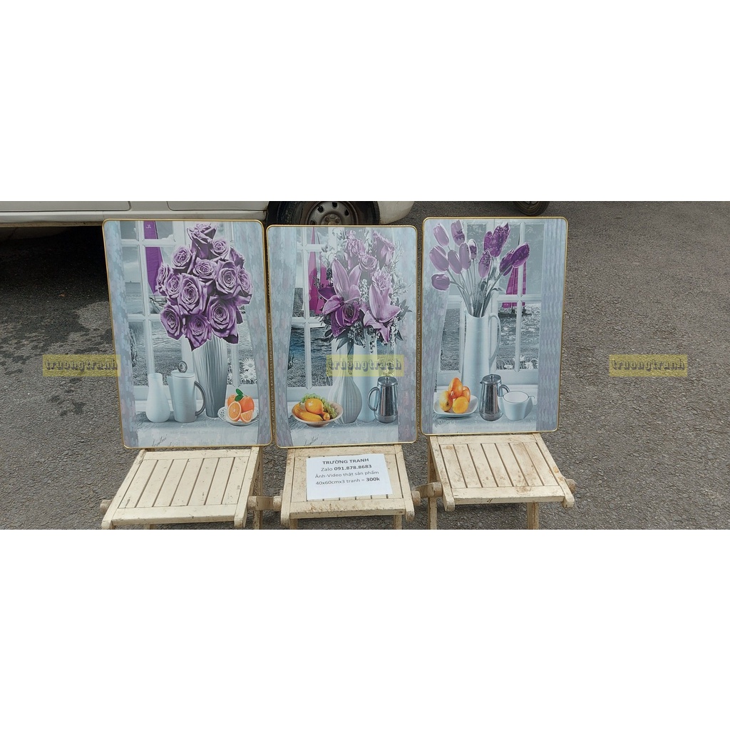 Thanh lý xả kho 01 bộ tranh tráng gương mẫu bình lọ hoa tím mẫu 7 duy nhất treo tường đẹp mê li hơn dòng tranh canvas