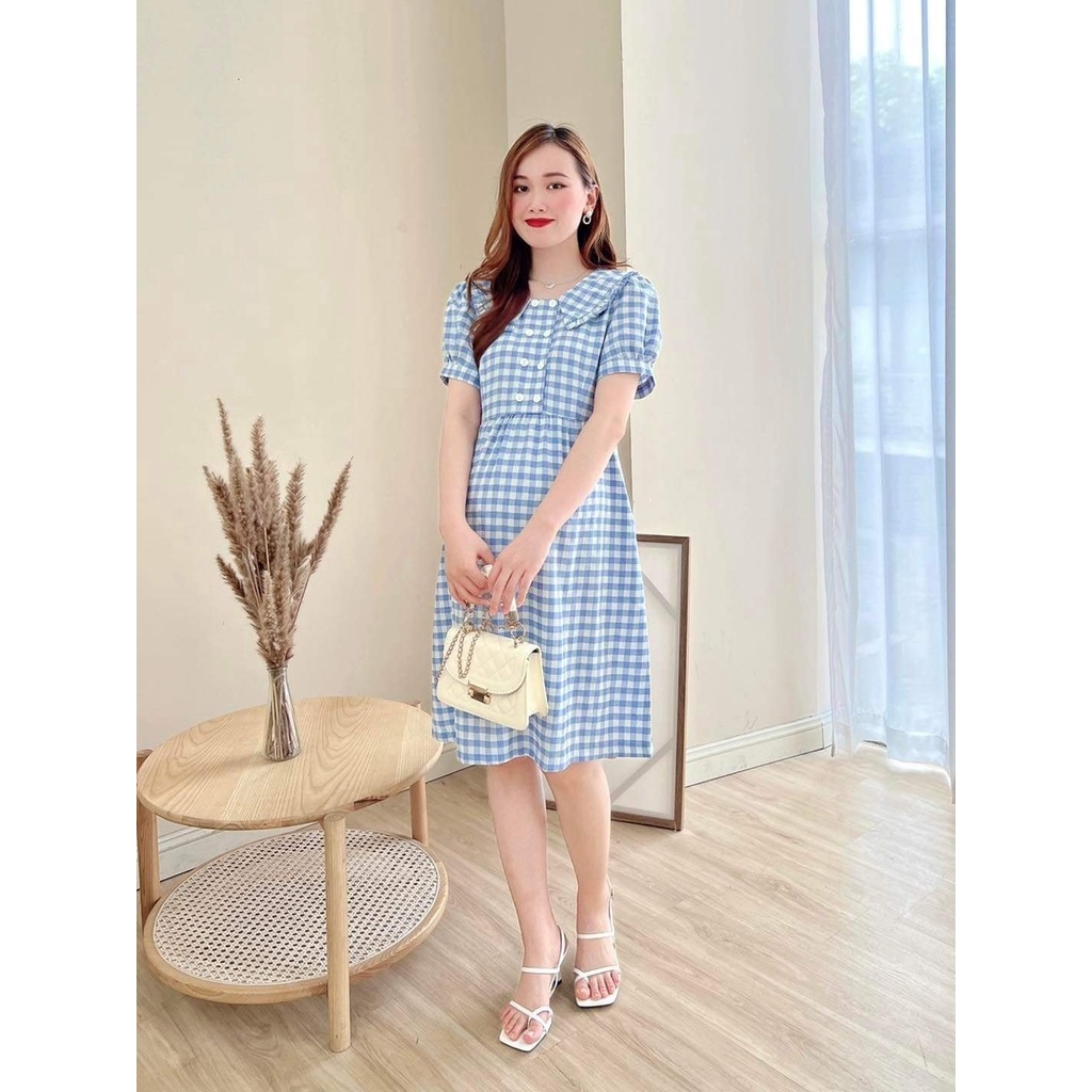 Đầm Bầu Xuông Chữ A Dúm Ngực Thiết Kế Thời Trang Công Sở Hàn Quốc Kẻ Ô Cúc Ngực Mở Chất Liệu Kate Hàn Fullsize 40-85kg