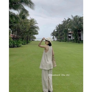 Set áo nude cổ yếm xẻ tà lưng quần suông