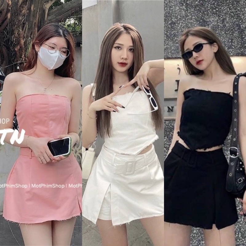 SET ÁO CROPTOP ỐNG LAI NHỌN + CHÂN VÁY XẺ TRẮNG ĐEN HỒNG + BELT