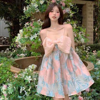 Đầm babydoll nơ bự vải xốp hồng sweetie - Oika Boutique