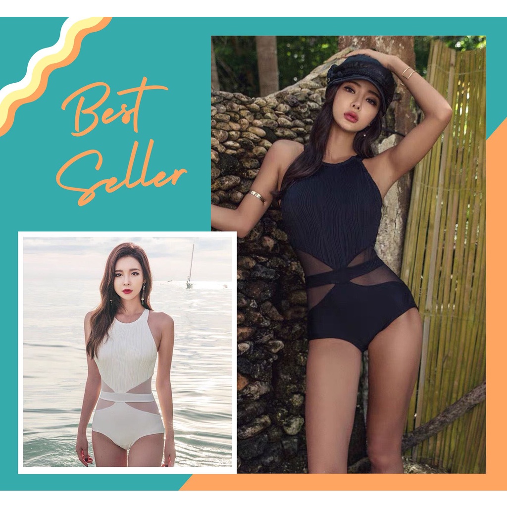 Bikini, Đồ Bơi Đi Biển Liền Mảnh Trắng Khoét Eo Phối Lưới NEW Linh Bikini