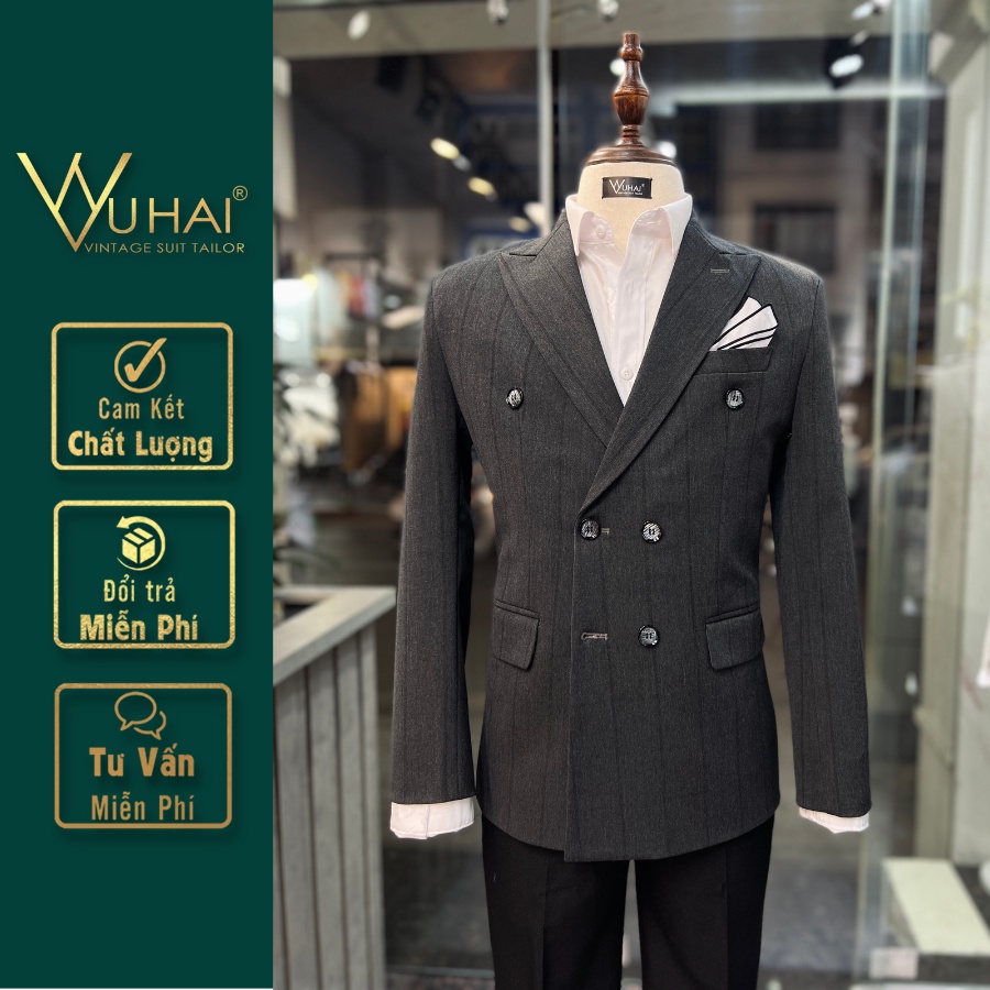 Vest Nam đẹp 6 cúc kẻ xám tối, Áo Blazer nam phong cách Hàn Quốc-VuHai.vn
