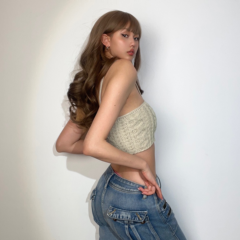 Weird Puss Jennie Áo hai dây Dệt Kim Dáng Ngắn Hở Rốn Eo Cao Màu Trơn Cho Nữ