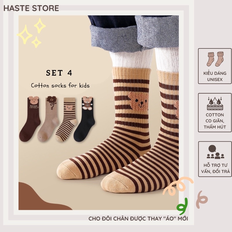 Set 4 Đôi Tất Vớ Cho Bé 3-5 Tuổi Cổ Vừa Tone Phong Cách Hàn Quốc Chất Cotton Mềm Mại Ấm Áp Khử Mùi