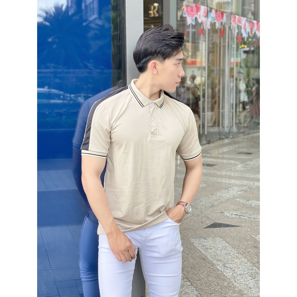 Áo thun polo nam cao cấp trơn tay ngắn phối sọc vai cam đen, chất poly cá sấu, sang trọng tinh tế