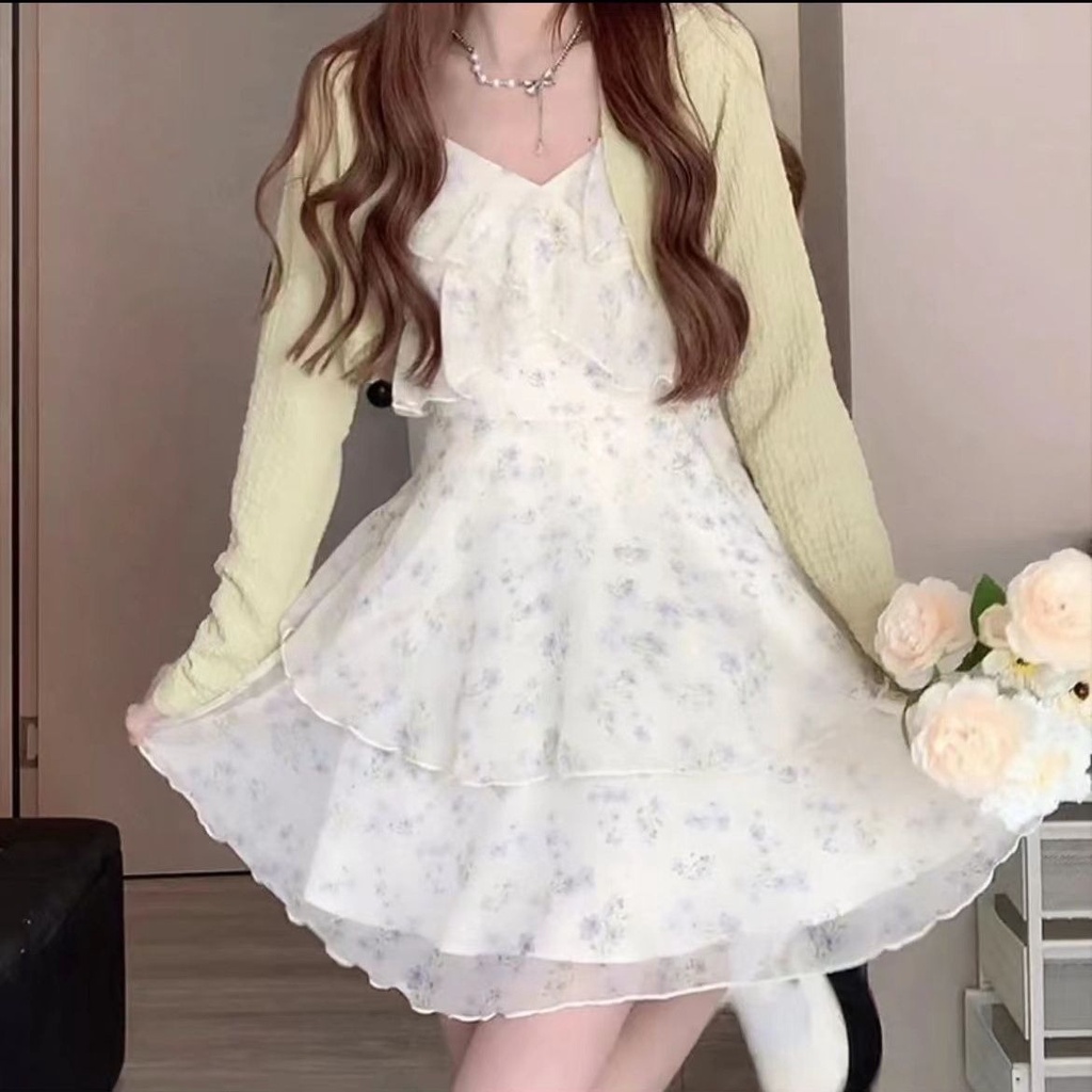 Váy 2 dây Đầm hoa dây Voan công chúa dịu dàng hoa nhài +Cardigan  mỏng Đầm váy đẹp dài và ngắn mùa hè bộ đồ nữ hai mảnh