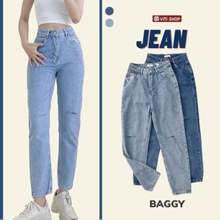 Quần jean nữ baggy VM Shop, quần bò xanh rách hai đầu gối (không co giãn) 174-175 QJB00014