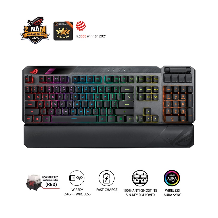 Bàn phím cơ không dây Asus ROG Claymore II Đi kèm kê tay nam châm có thể tháo rời