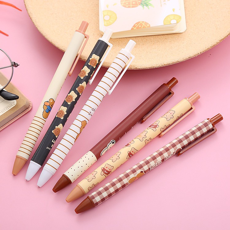 Sét 6 bút bi đen hoạt hình - bút bi bấm mực đen trơn in hình dễ thương BBĐ
