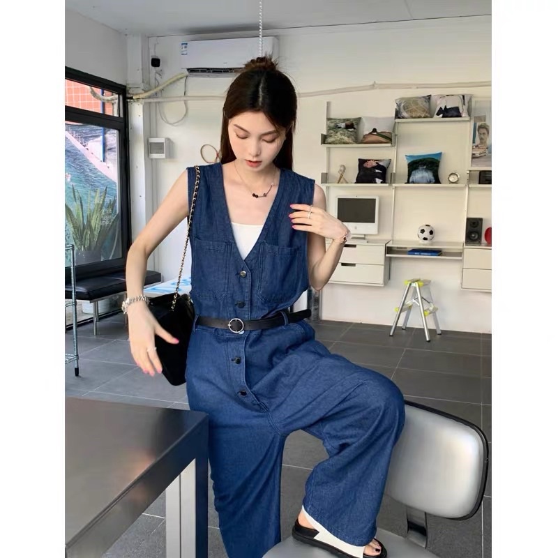 Yếm bò jumpsuit thắt eo có kèm thắt lưng yếm bò dài