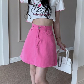  Chân váy chữ A ngắn lưng cạp cao màu hồng chất liệu kaki jean bò hack dáng không có lót trong phong cách cá tính 