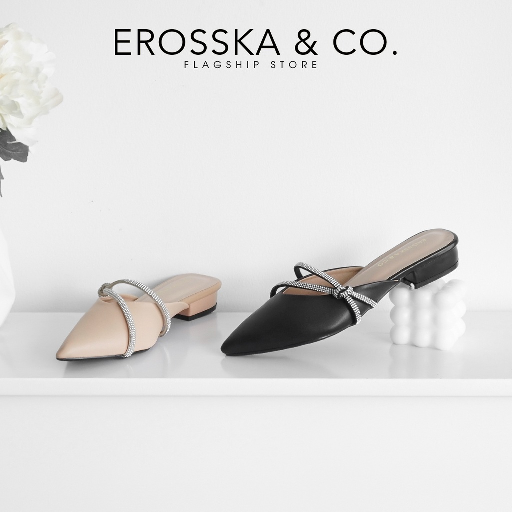 [Form nhỏ tăng 1 size] Erosska - Giày sục nữ mũi vuông phối dây đính đá sang trọng cao 3cm màu nude - EL029