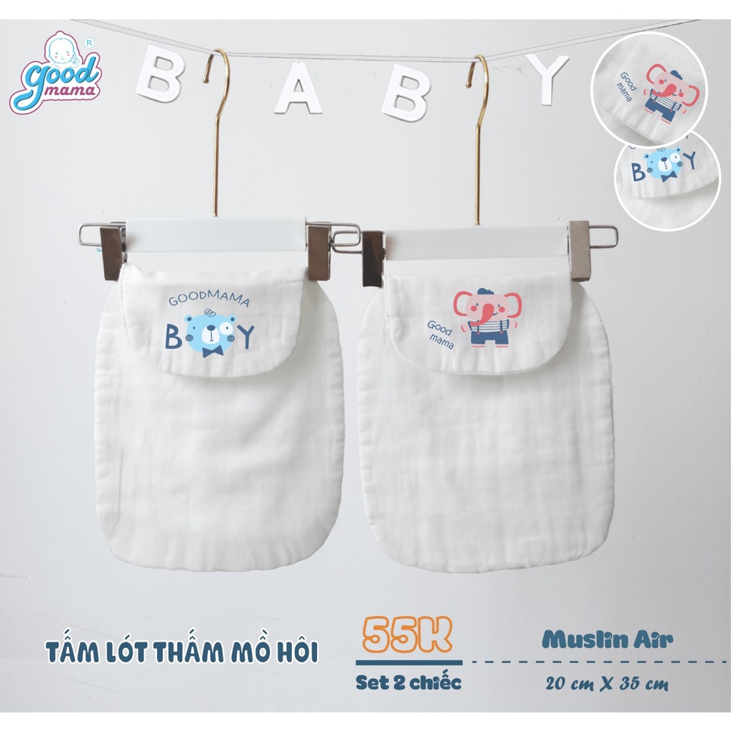 Khăn lót thấm mồ hôi lưng cho bé Goodmama kích thước 20*35cm 6 lớp Muslin mềm mại, tiện lợi SET 2 chiếc