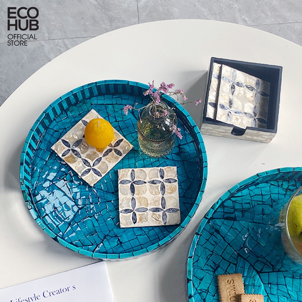 Khay Khảm Trai Tròn ECOHUB Màu Sắc Blue Sáng Tạo Đựng Bánh, Cafe E00337 (Mother-of-pearl mosaic tray)