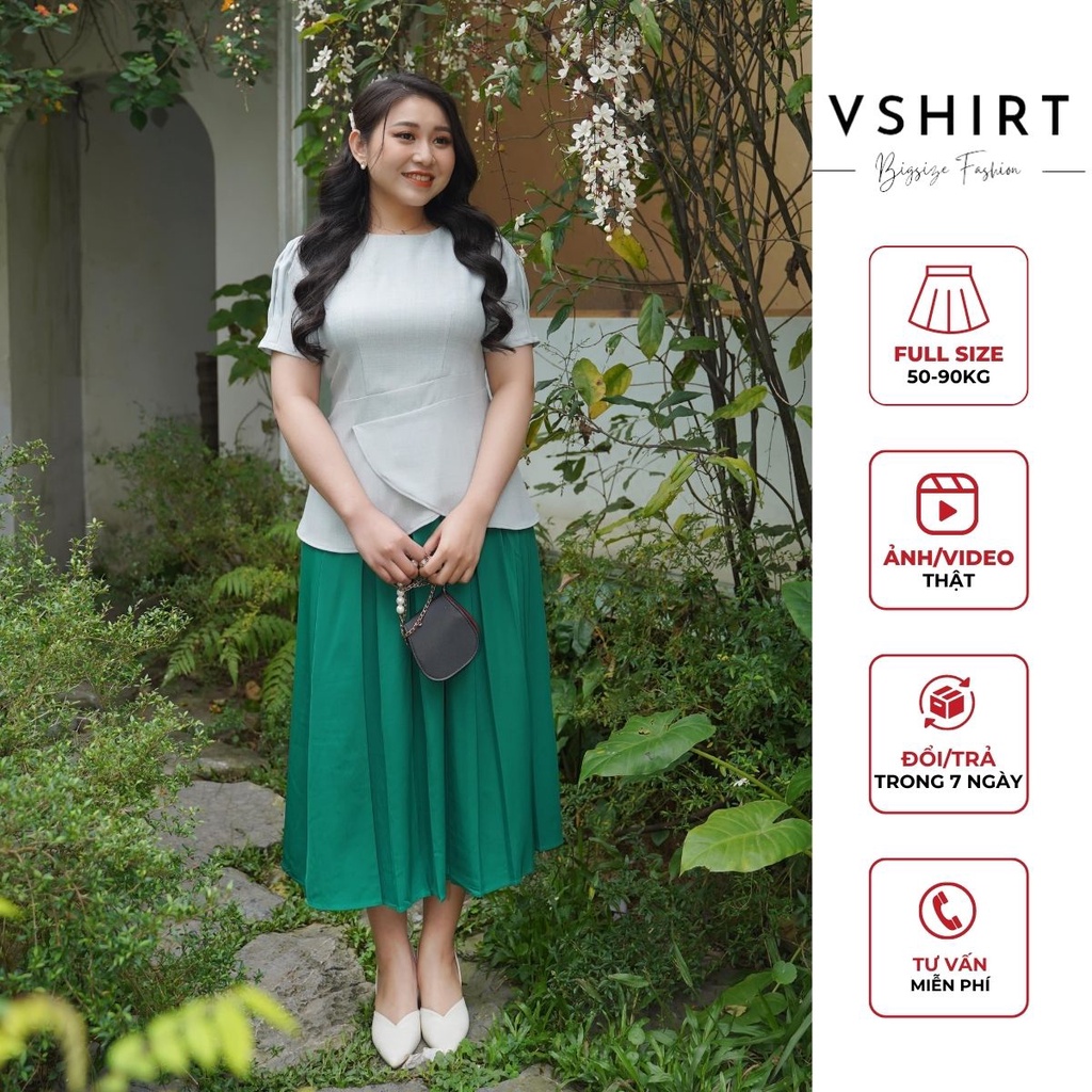 Set Áo Xanh Vạt Chéo Và Chân Váy Xanh Lá Xếp Ly VSHIRT Chất Liệu Xước Hàn