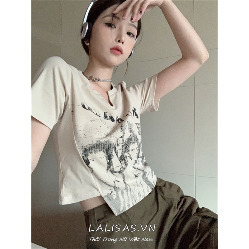 Áo Croptop Tay Ngắn In Họa Tiết Phong Cách Retro Mỹ Quyến Rũ Cho Nữ