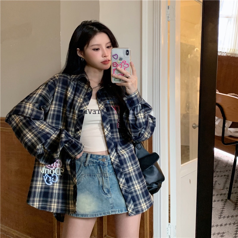 Áo tay dài Áo Sơ Mi Nữ Ca Rô Dài Tay Cổ Bẻ Thời Trang Hàn