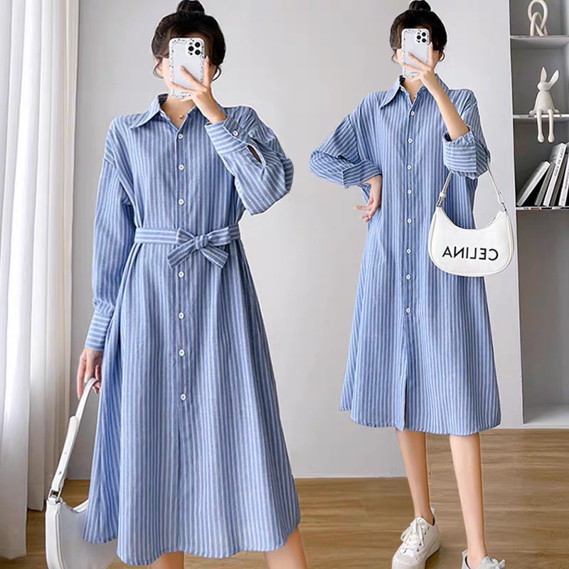 Đầm váy sơ mi nữ màu xanh kẻ sọc, Váy sơmi suông tay dài cổ đức kèm đai thắt ulzzang form rộng kiểu hàn cài cúc basic