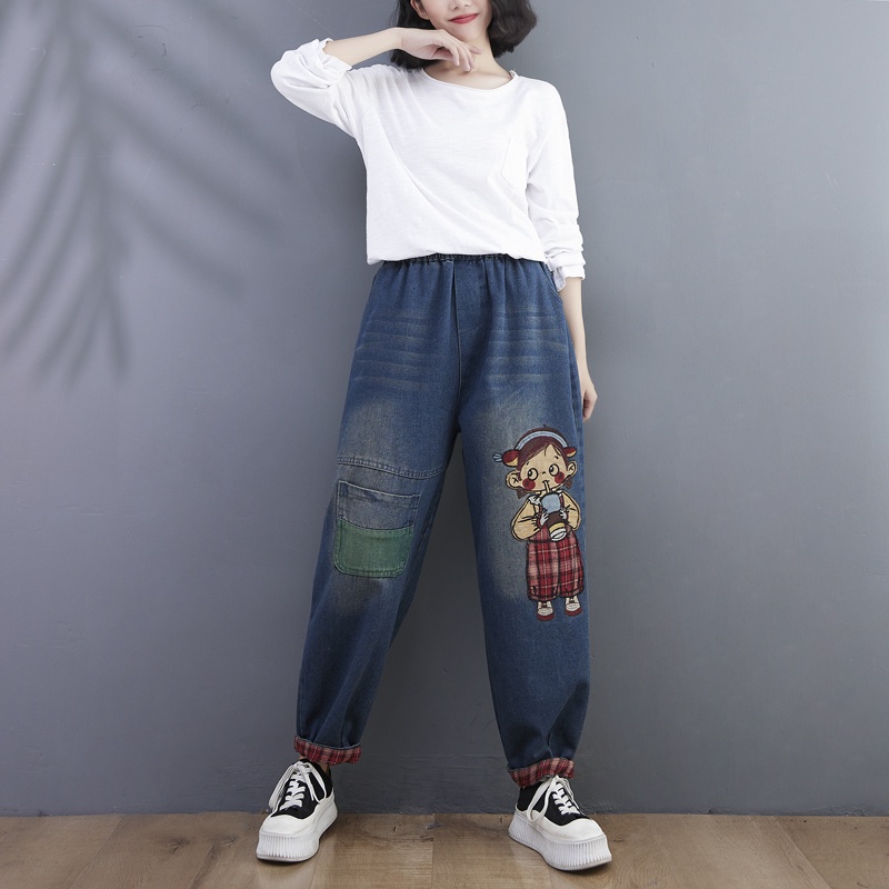 Quần jean bigsize dáng suông rộng cạp chun gập gấu trẻ trung