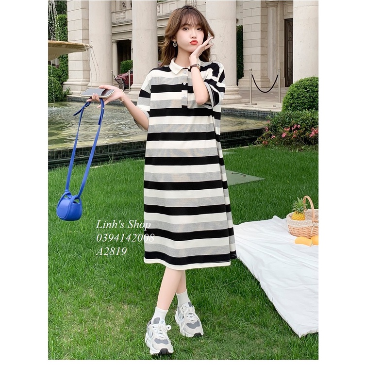Váy Phông Kẻ Ngang Có Cổ Lịch Sự A2819