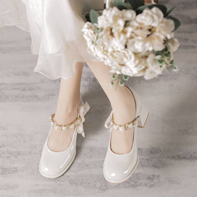 Giày cao gót nữ giày da gót vuông nơ