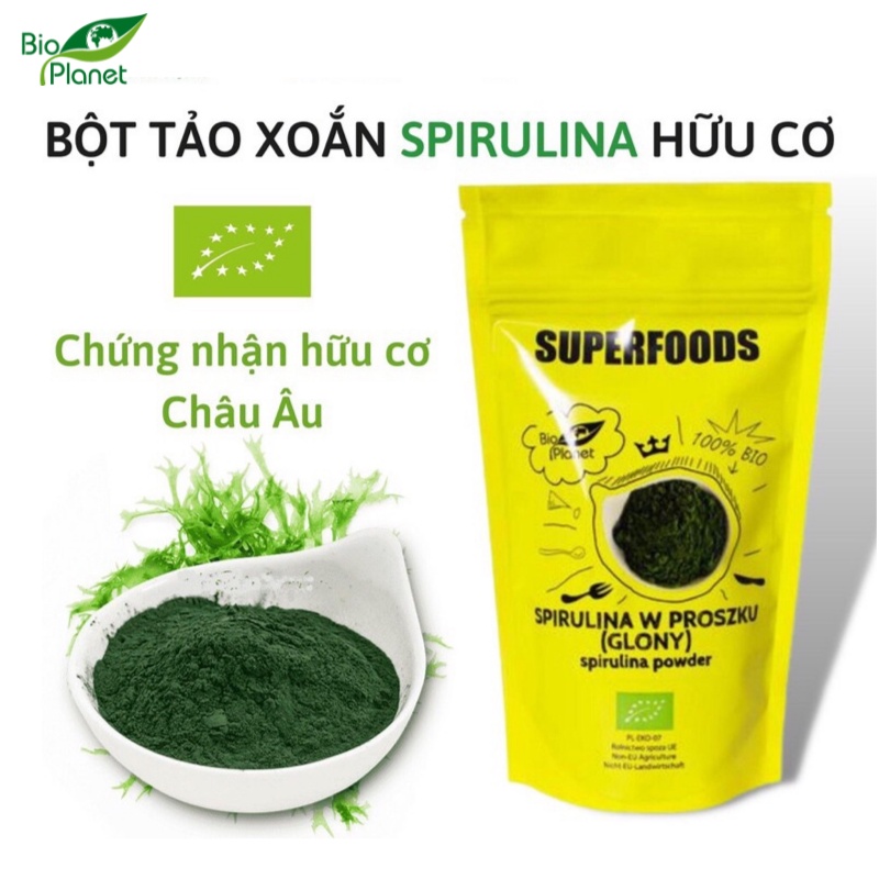 Bột tảo lục Chlorella/tảo xoắn Spirulina hữu cơ Bio Planet 200g