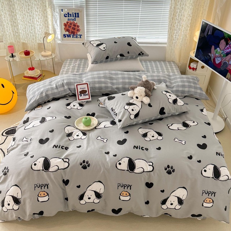 Bộ chăn ga giường Cotton 100% Gấu Viền Nâu Suhali, bộ 4 món chất liệu 100% Cotton