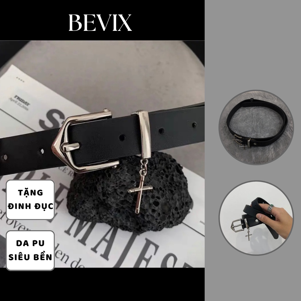 Thắt lưng dây nịt nam nữ họa tiết chữ thập BEVIX da PU mặt kim loại streetstyle - Thắt Lưng Chữ thập