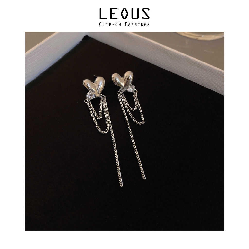 Khuyên tai kẹp không bấm lỗ chốt cố định K009 bằng hợp mạ bạc hình trái tim dáng dài Leous Accessories
