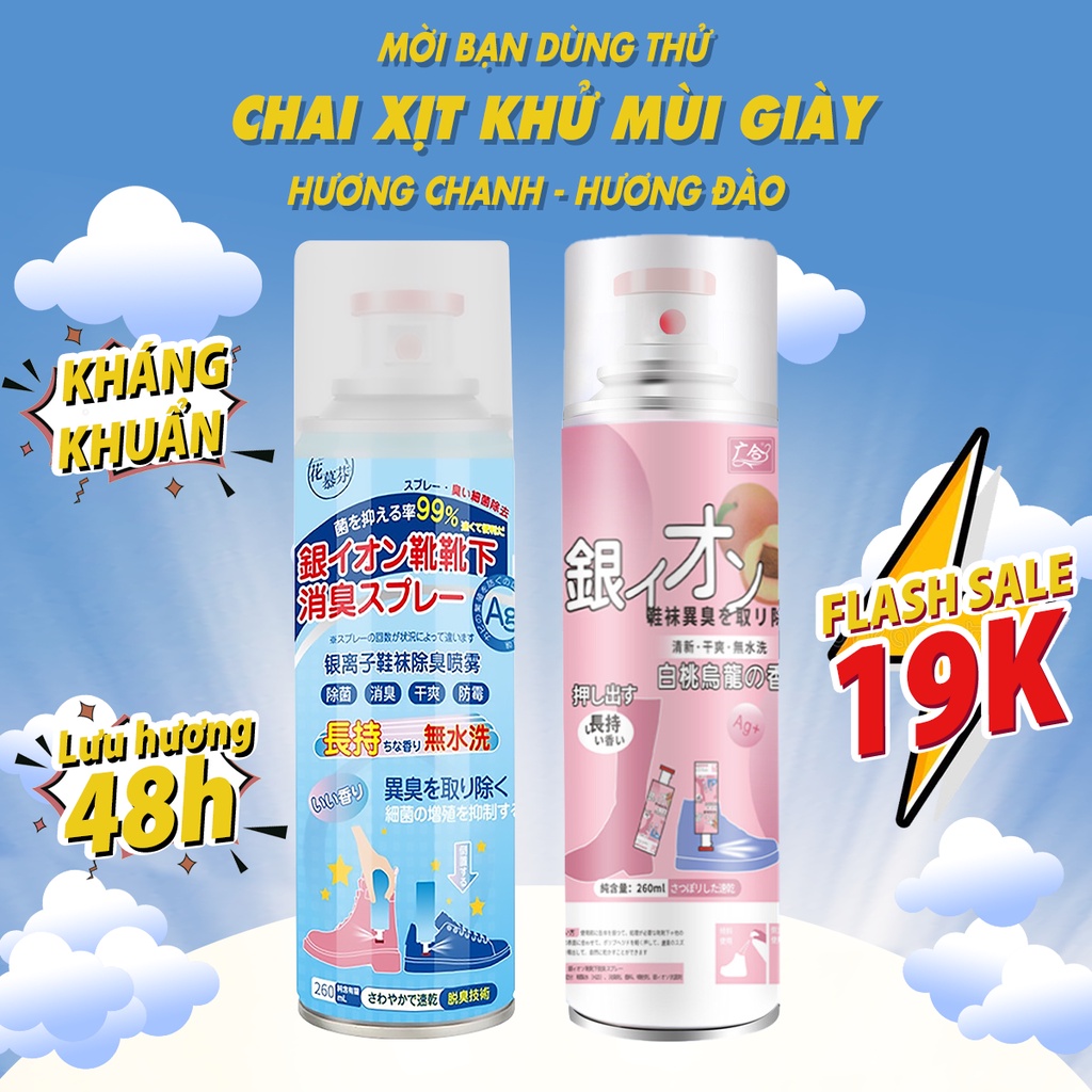 Chai xịt khử mùi giày dép nam nữ Nano Bạc diệt khuẩn, bình sịt hết mùi hôi chân, 1 lọ 260ml hương chanh và hương đào.