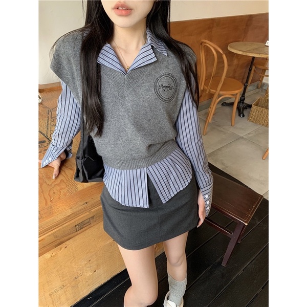 (S15) Set áo sơ mi & gile len croptop