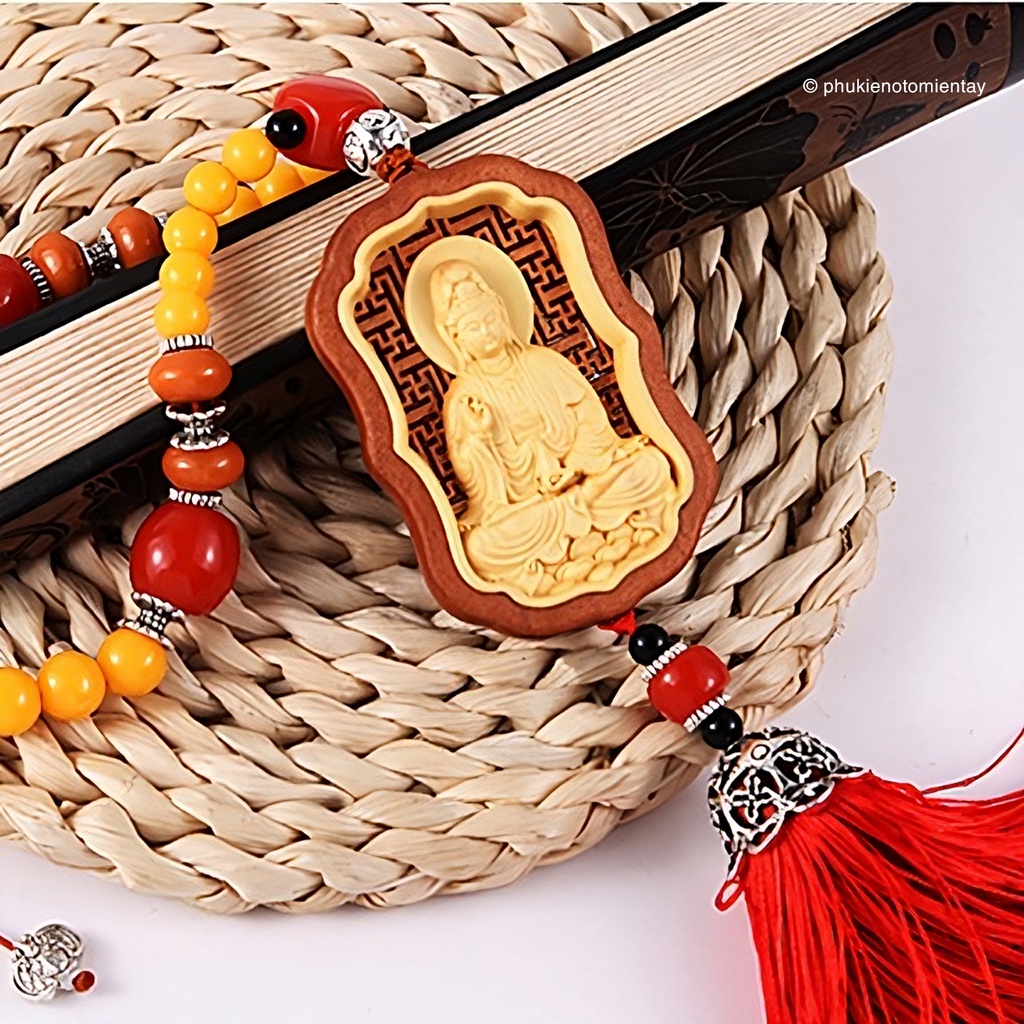 Dây treo trang trí ô tô bằng gỗ hoàng dương, hình Quan Âm Bồ Tát 2